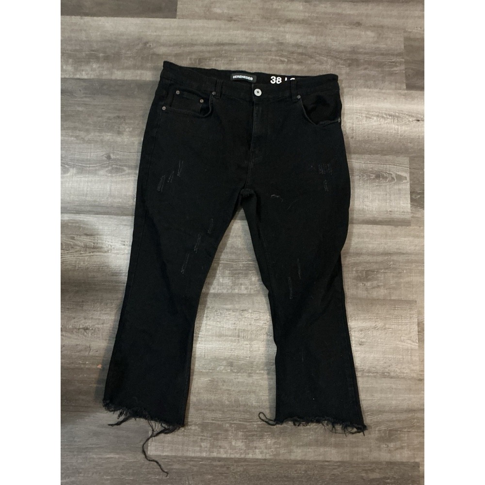 Serenade Black Jeans 38 Stacked Denim Distressed Cut Off At Ankle